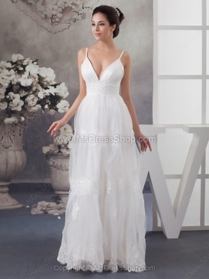 A-line Spaghetti Straps Organza Lace Floor-length Beading Wedding Dresses