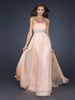 A-line Strapless Chiffon Floor-length Sleeveless Beading Evening Dresses