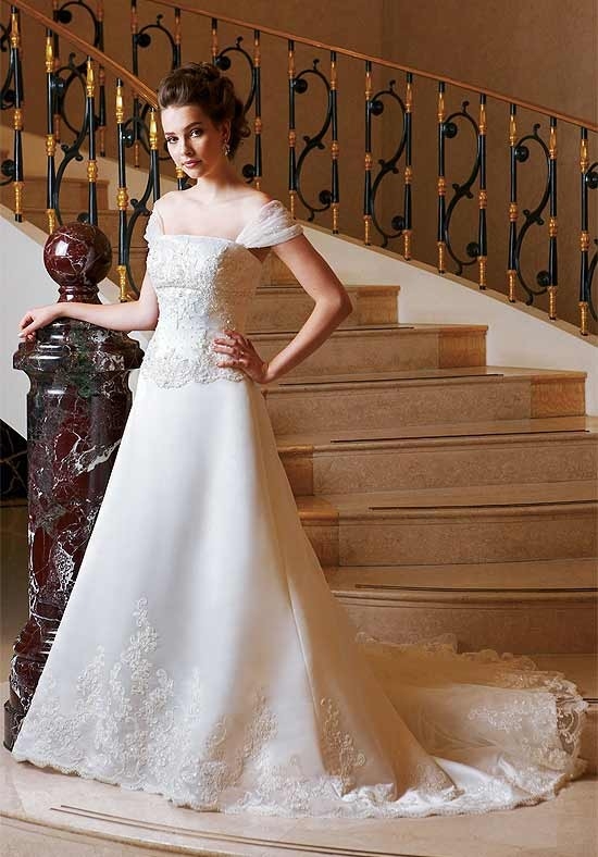A Line Strapless Dropped Waist Beading Lace Floor Length Attached Satin/ Tulle Wedding Dress