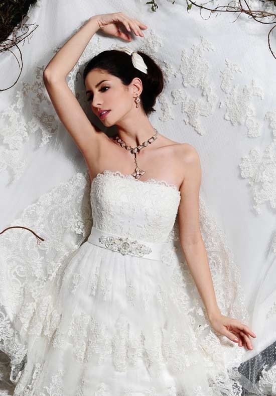 A Line Strapless Empire Waist Lace Embroidery Chapel Train Matte Satin Wedding Dress