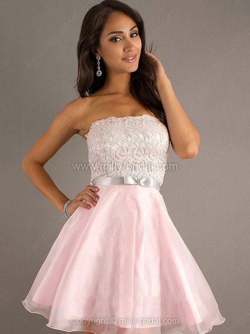 A-line Strapless Organza Short/Mini Lace Prom Dresses