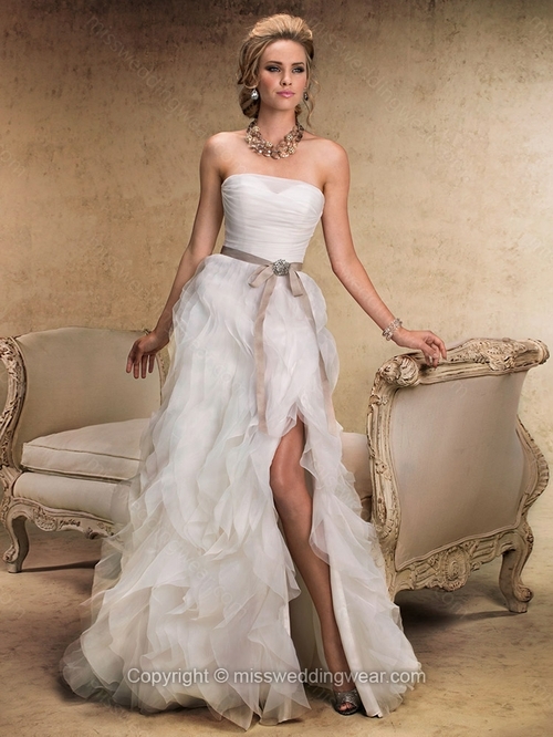 A-line Strapless Organza Sweep Train Split Front Wedding Dresses