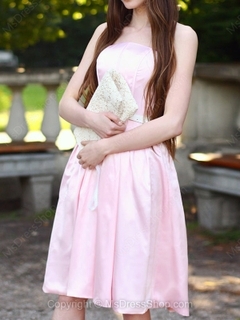 A-line Strapless Satin Knee-length Draped Bridesmaid Dresses
