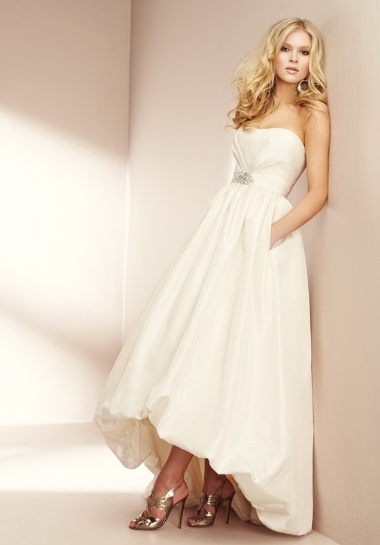 A Line Strapless Sleeveless Empire Waist Attached Brooch Chapel Train Taffeta Wedding Dress