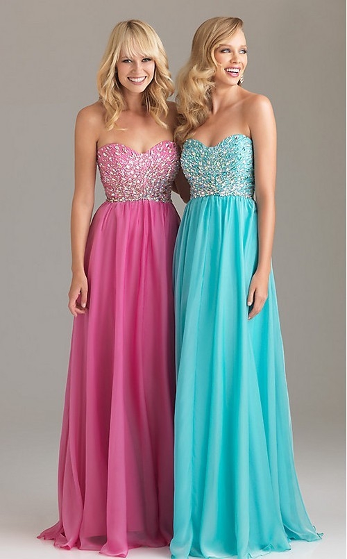 A Line Strapless Sweetheart Natural Waist Sequin Bodice Floor Length Chiffon Prom Dress