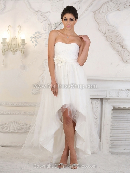 A-line Strapless Tulle Satin Asymmetrical Flower(s) Wedding Dresses