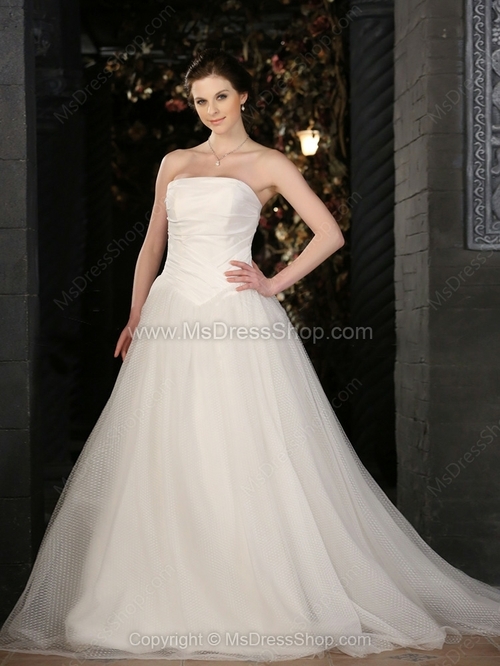 A-line Strapless Tulle Taffeta Sweep Train Ruched Wedding Dresses