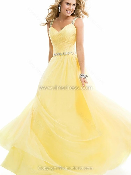 A-line Straps Chiffon Floor-length Rhinestone Evening Dresses