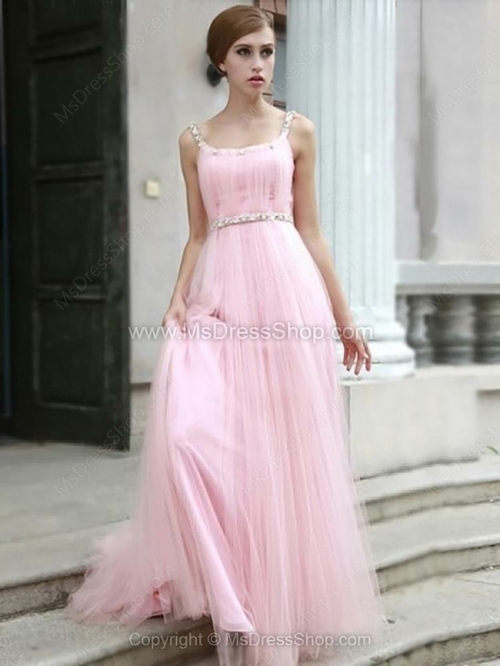 A-line Straps Tulle Floor-length Beading Prom Dresses