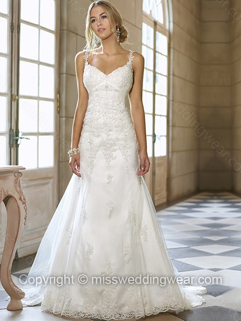 A-line Straps Tulle Satin Sweep Train White Appliques Wedding Dresses