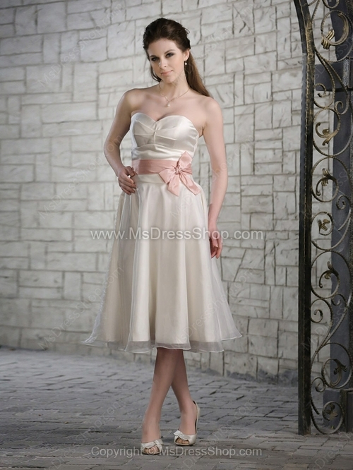 A-line Sweetheart Organza Satin Tea-length Sashes / Ribbons Wedding Dresses