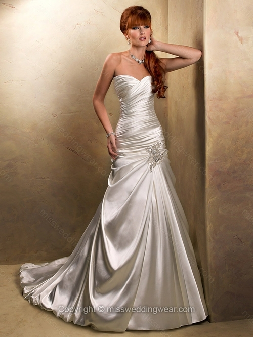A-line Sweetheart Satin Court Train Ruffles Wedding Dresses