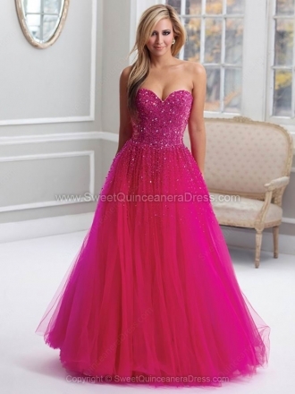 A-line Sweetheart Tulle Satin Floor-length Beading Prom Dresses