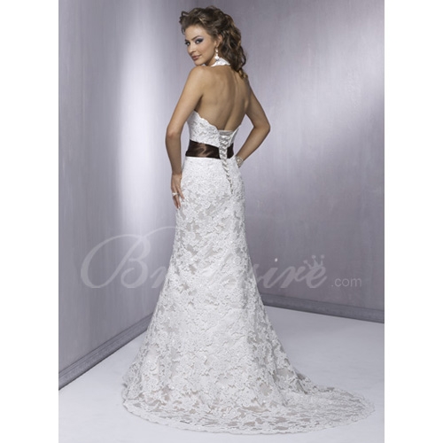 A-line V-neck Sleeveless Court Train Lace Over Satin Wedding Dress