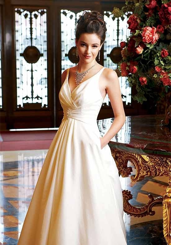 A Line V Neck Sleeveless Natural Waist Beading Brooch Floor Length Attached Taffeta Wedding Dress