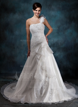 A-Linie/Princess-Linie One-Shoulder-Träger Gericht Schleppe Organza Satin Brautkleid mit Spitze Perl