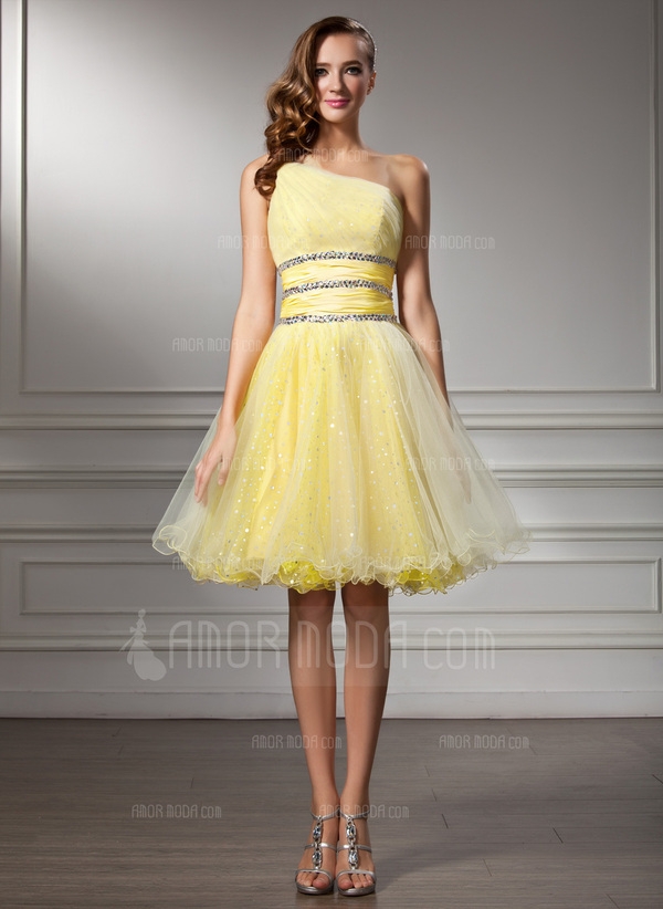 A-Linie/Princess-Linie One-Shoulder-Träger Knielanges Taft Tüll Abiballkleid mit Rüschen Perlen Pail - Image 2