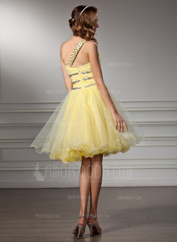 A-Linie/Princess-Linie One-Shoulder-Träger Knielanges Taft Tüll Abiballkleid mit Rüschen Perlen Pail - Image 3