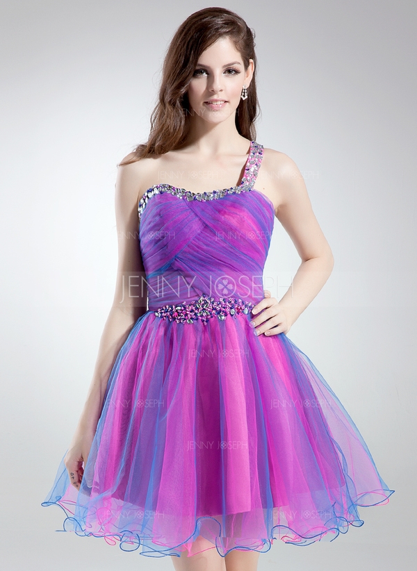 A-Linie/Princess-Linie One-Shoulder-Träger Kurz Tüll Ballkleid mit Rüschen Perlen verziert (02200812