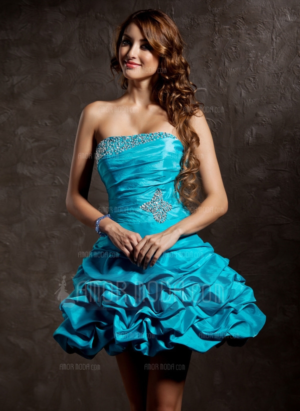 A-Linie/Princess-Linie Trägerlos Kurz Taft Abiballkleid mit Rüschen Perlen Pailletten