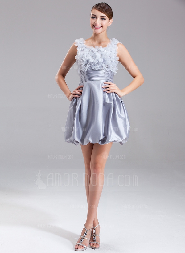A-Linie/Princess-Linie U-Ausschnitt Kurz Taft Abiballkleid mit Rüschen Perlen Blumen - Image 2