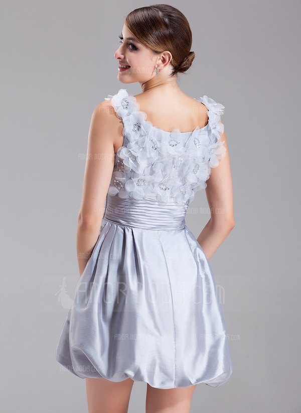 A-Linie/Princess-Linie U-Ausschnitt Kurz Taft Abiballkleid mit Rüschen Perlen Blumen - Image 3