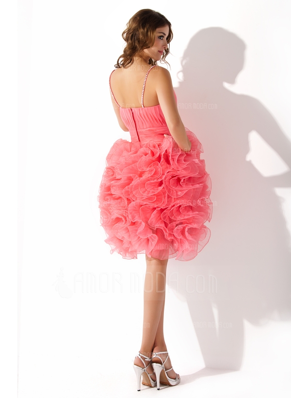 A-Linie/Princess-Linie V-Ausschnitt Knielanges Organzas Abiballkleid mit Rüschen Perlen Pailletten - Image 3