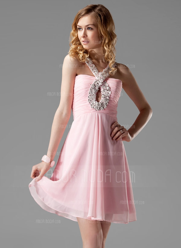 A-Linie/Princess-Linie V-Ausschnitt Kurz Chiffon Abiballkleid mit Rüschen Spitze Perlen Pailletten