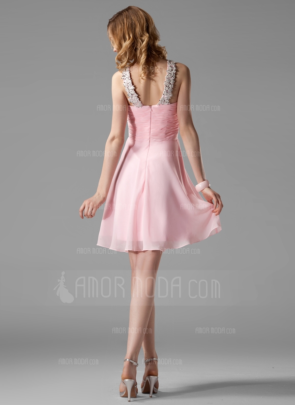 A-Linie/Princess-Linie V-Ausschnitt Kurz Chiffon Abiballkleid mit Rüschen Spitze Perlen Pailletten - Image 3