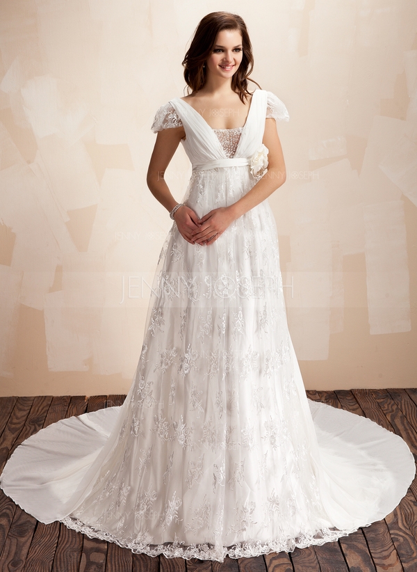 A-linje Firkantet Halsudskæring Watteau tog Chiffon Lace Brudekjole med Perlebroderi Blomst(er) Plis