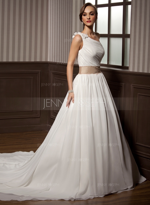 A-linjeformat One-Shoulder Kapell Tåg Chiffong Charmeuse Bröllopsklänning