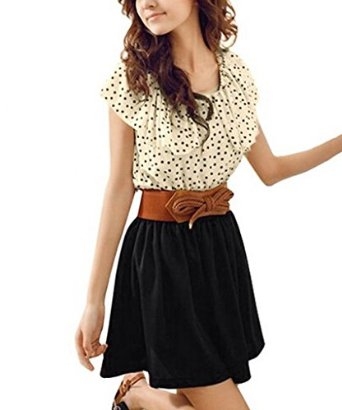 Allegra K Women Dots Print Flouncing Patchwork Dress W Waist Belt