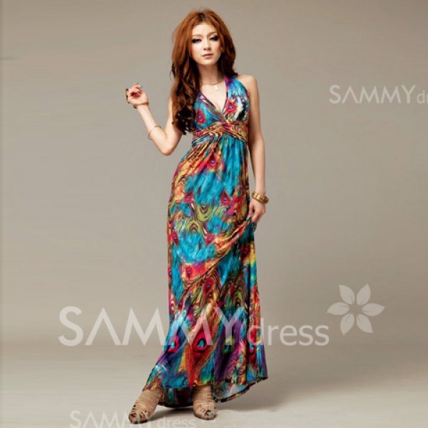Alluring V-Neckline Peacock Print Sleeveless Maxi Dress For Women