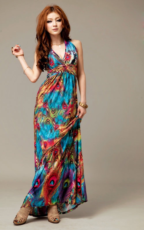 Alluring V-Neckline Peacock Print Sleeveless Maxi Dress For Women - Image 2