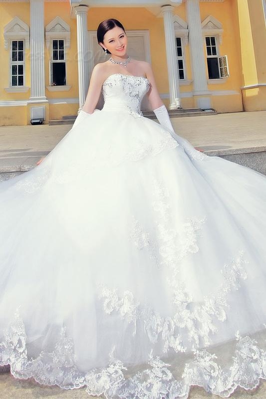 Amazing A-Line Strapless Chapel Train Flowers & Beadings Wedding Dress