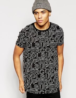 ASOS Longline T-Shirt with All Over Supercool Typo Print and Skater Fit