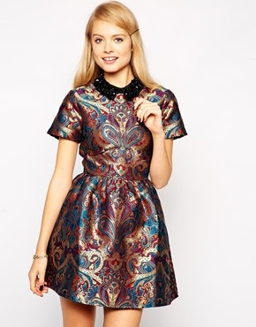 ASOS Skater Dress with Embellished Collar in Jacquard