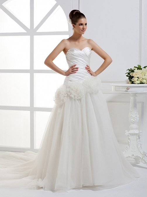 Asymmetric Waist Satin & Tulle Sweetheart A line Floor Length Wedding Gown