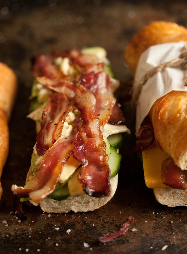 Bacon, blue cheese and avocado baguette