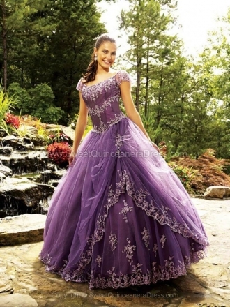 Ball Gown Off-the-shoulder Tulle Satin Floor-length Lace Quinceanera Dresses