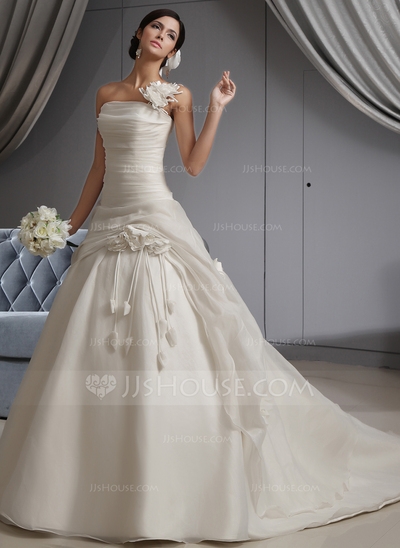 Ball-Gown One-Shoulder Cathedral Train Organza Wedding Dress With Ruffle Flower(s) 
