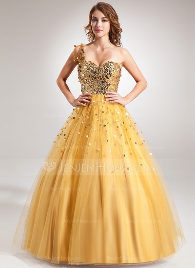 Ball-Gown One-Shoulder Floor-Length Tulle Sequined Prom Dress With Beading #018022508