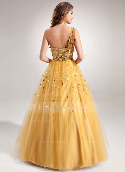 Ball-Gown One-Shoulder Floor-Length Tulle Sequined Prom Dress With Beading #018022508 - Image 2