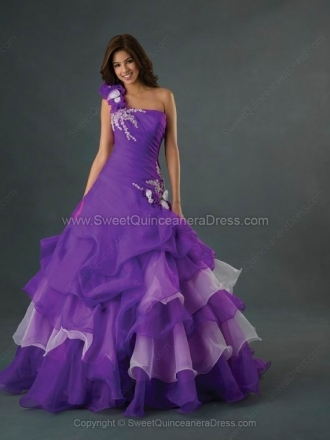 Ball Gown One Shoulder Organza Floor-length Tiered Quinceanera Dresses
