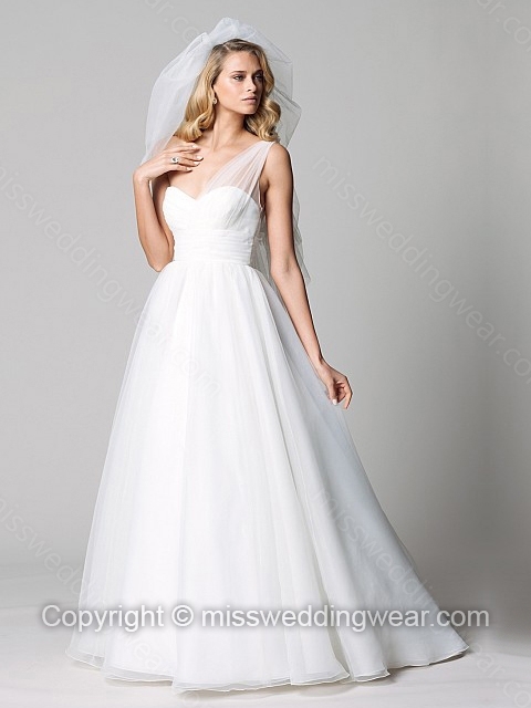 Ball Gown One Shoulder Organza Satin Floor-length White Ruffles Wedding Dresses