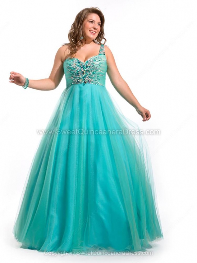 Ball Gown One Shoulder Tulle Satin Floor-length Rhinestone Quinceanera Dresses