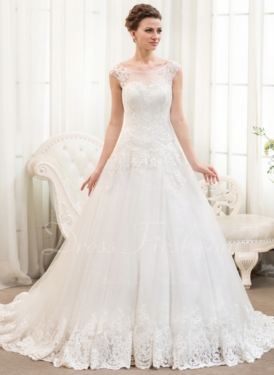 Ball-Gown Scoop Neck Chapel Train Tulle Lace Wedding Dress
