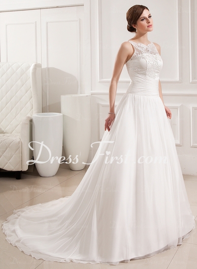 Ball-Gown Scoop Neck Court Train Chiffon Lace Wedding Dress With Ruffle - Image 2