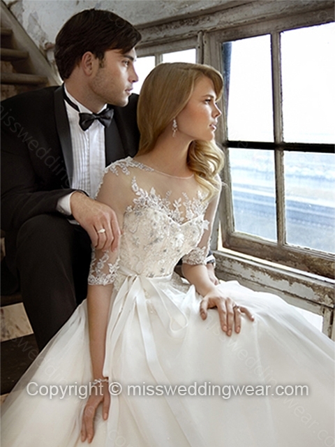Ball Gown Scoop Tulle Satin Sweep Train Ivory Appliques Wedding Dresses