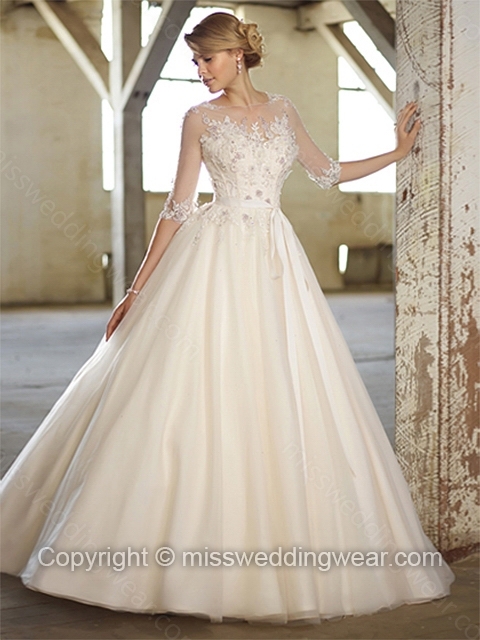 Ball Gown Scoop Tulle Satin Sweep Train Ivory Appliques Wedding Dresses - Image 2